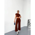 Osy Modal Yumuşak Dokulu Kumaş Kısa Kollu Crop Alt Ispanyol Paça Pantalon Ikili Takım - Kahverengi
