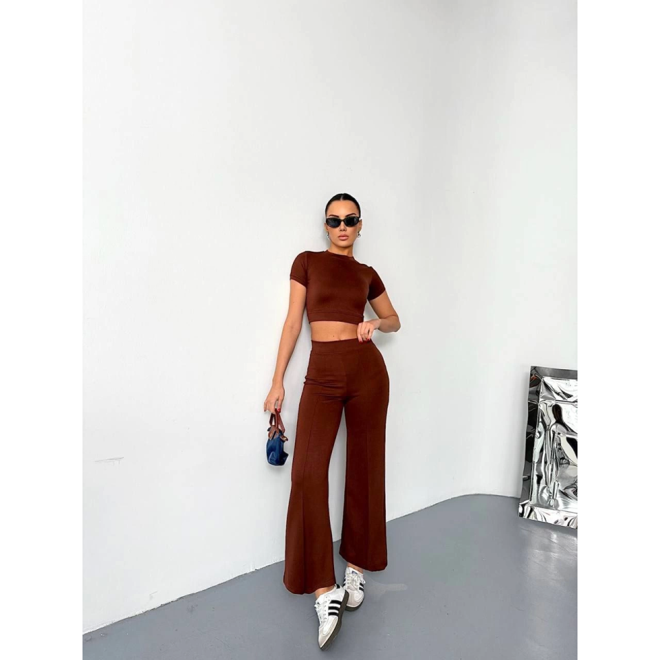 Osy Modal Yumuşak Dokulu Kumaş Kısa Kollu Crop Alt Ispanyol Paça Pantalon Ikili Takım - Kahverengi