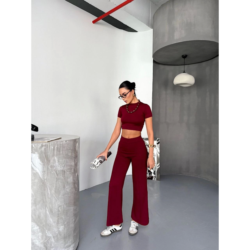 Osy Modal Yumuşak Dokulu Kumaş Kısa Kollu Crop Alt Ispanyol Paça Pantalon Ikili Takım - Bordo