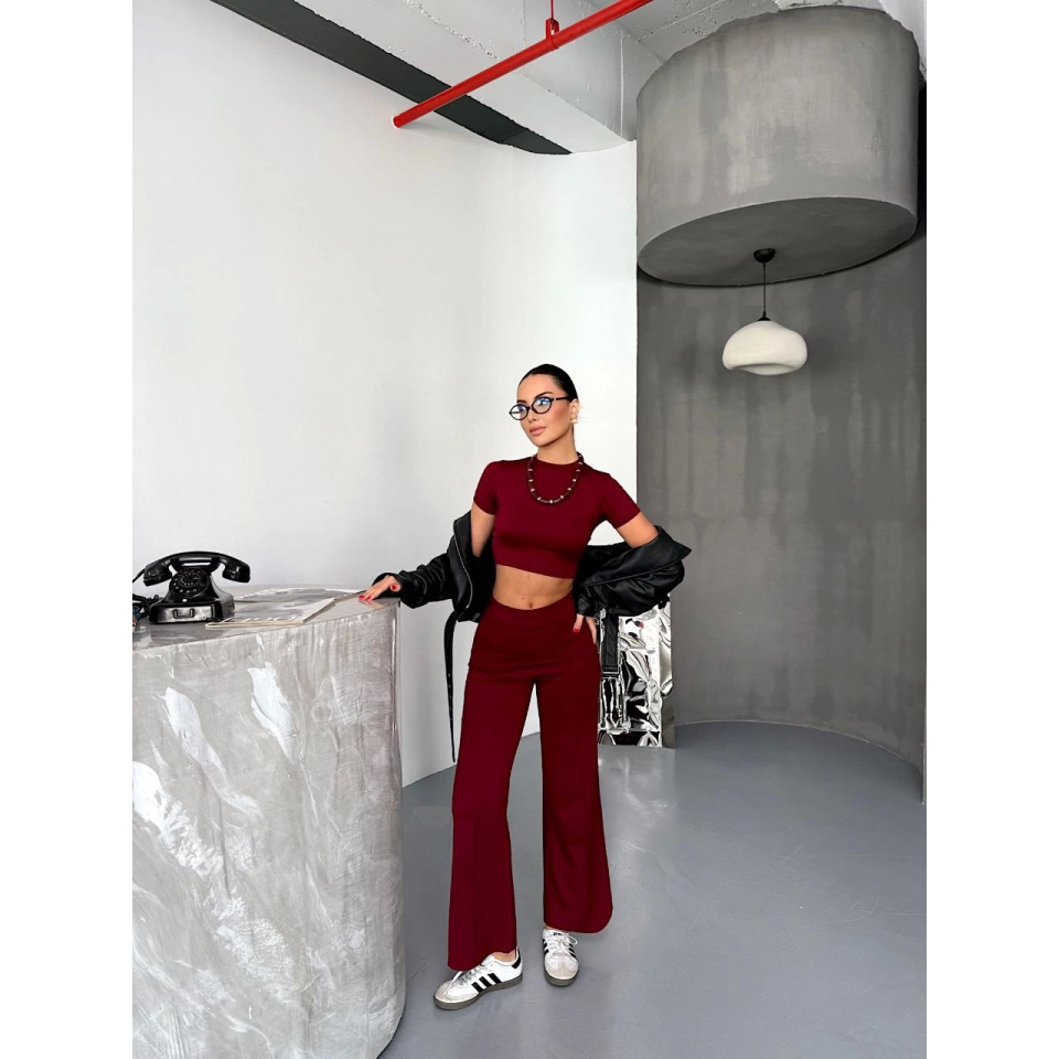 Osy Modal Yumuşak Dokulu Kumaş Kısa Kollu Crop Alt Ispanyol Paça Pantalon Ikili Takım - Bordo