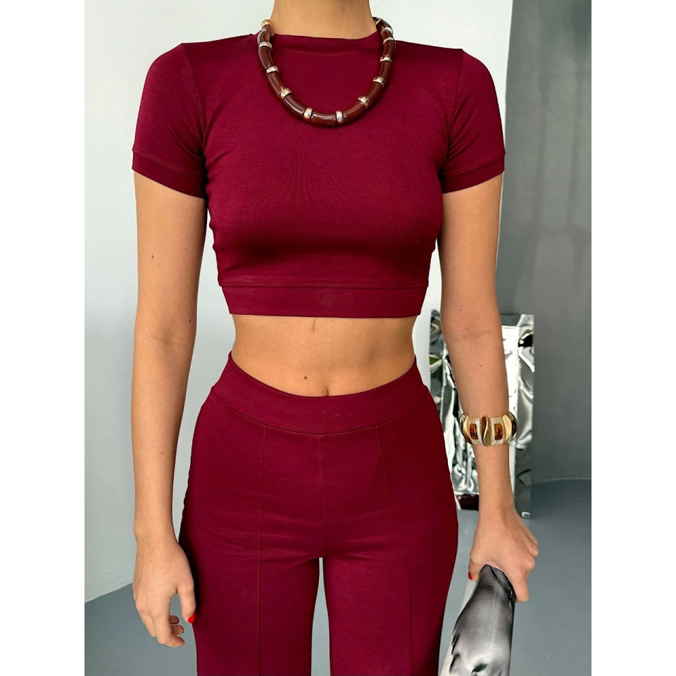 Osy Modal Yumuşak Dokulu Kumaş Kısa Kollu Crop Alt Ispanyol Paça Pantalon Ikili Takım - Bordo