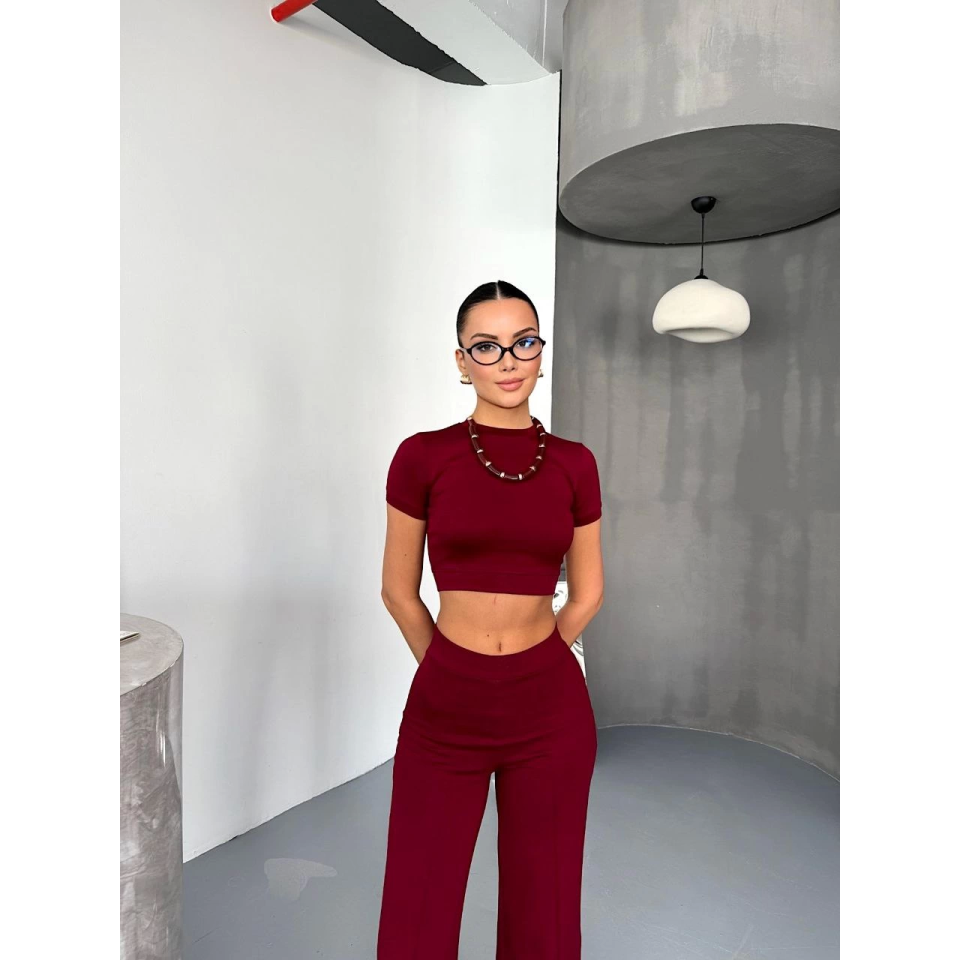 Osy Modal Yumuşak Dokulu Kumaş Kısa Kollu Crop Alt Ispanyol Paça Pantalon Ikili Takım - Bordo