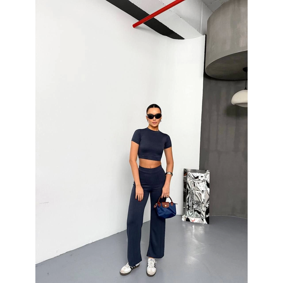 Osy Modal Yumuşak Dokulu Kumaş Kısa Kollu Crop Alt Ispanyol Paça Pantalon Ikili Takım - Füme