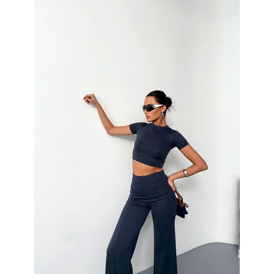 Osy Modal Yumuşak Dokulu Kumaş Kısa Kollu Crop Alt Ispanyol Paça Pantalon Ikili Takım - Füme