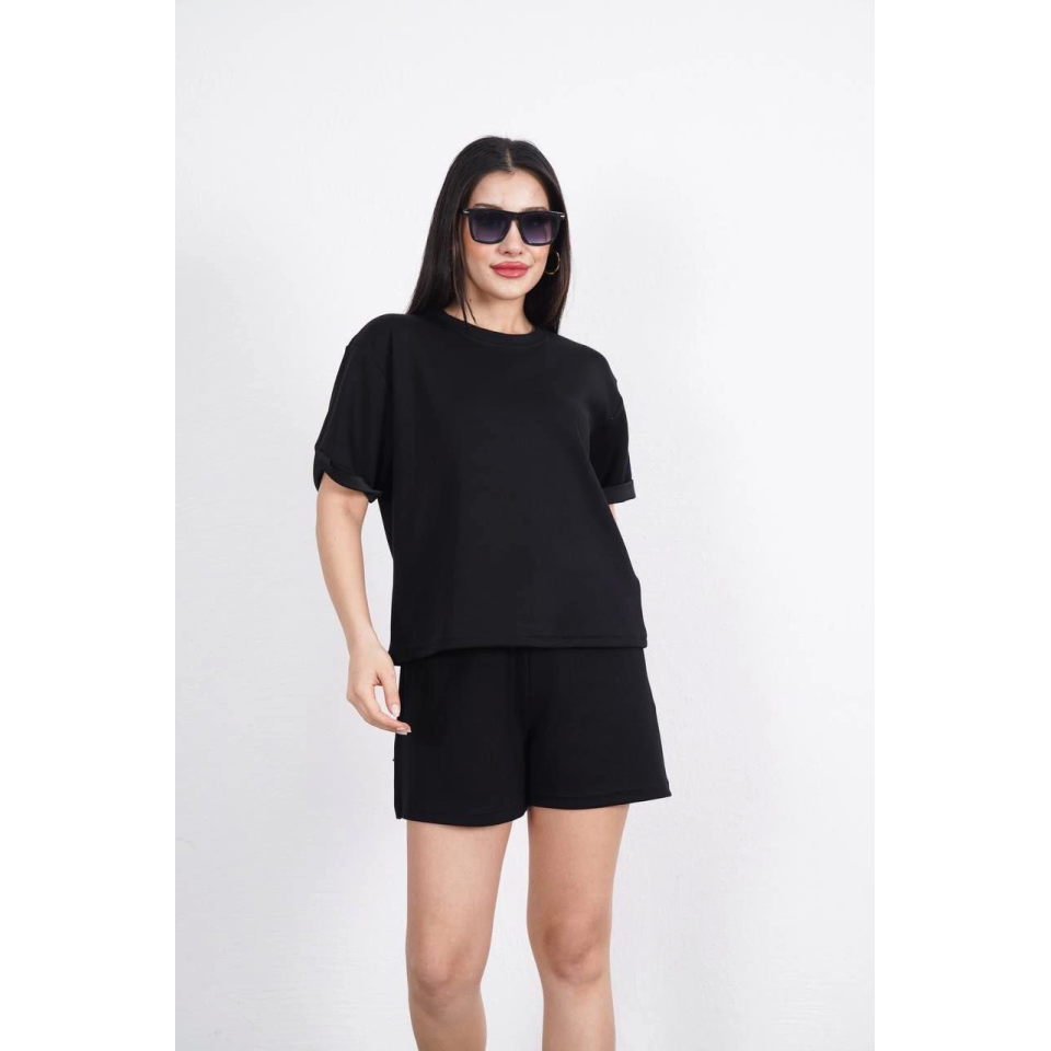 Osy Modal Yumuşak Dokulu Kumaş Bisiklet Yaka T-shirt Kısa Şort İkili Takım - Siyah