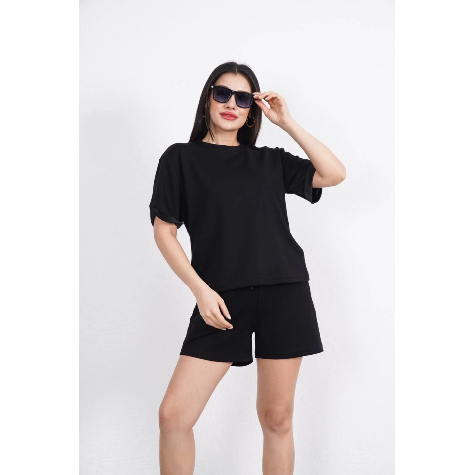 Osy Modal Yumuşak Dokulu Kumaş Bisiklet Yaka T-shirt Kısa Şort İkili Takım - Siyah