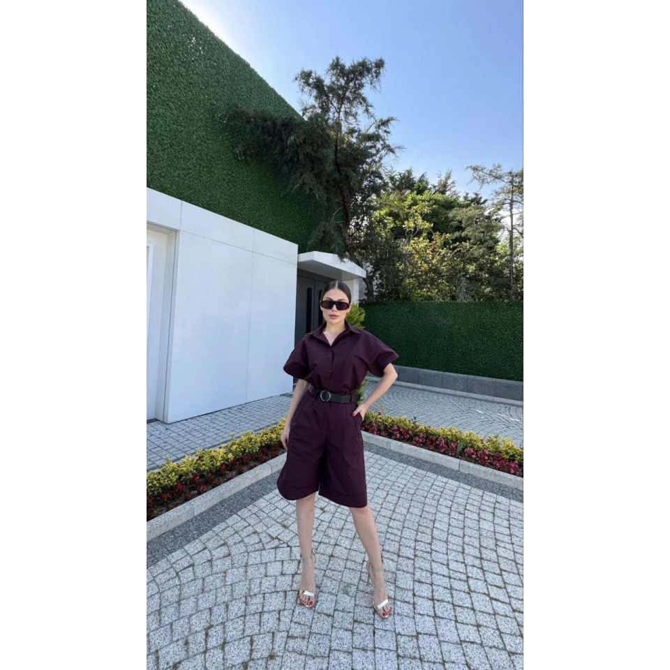 Yakalı Gömlek Kemerli Şortlu Takım - Bordo