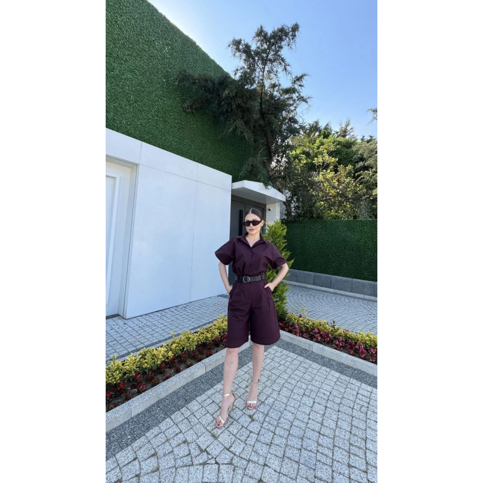 Yakalı Gömlek Kemerli Şortlu Takım - Bordo