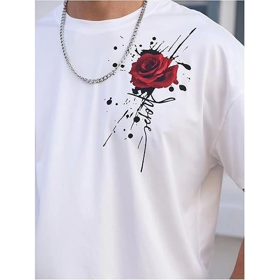 Erkek Bisiklet Yaka Kısa Kol Baskılı T-shirt - Beyaz