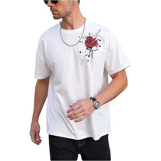 Erkek Bisiklet Yaka Kısa Kol Baskılı T-shirt - Beyaz