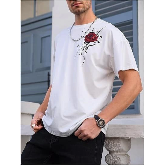 Erkek Bisiklet Yaka Kısa Kol Baskılı T-shirt - Beyaz