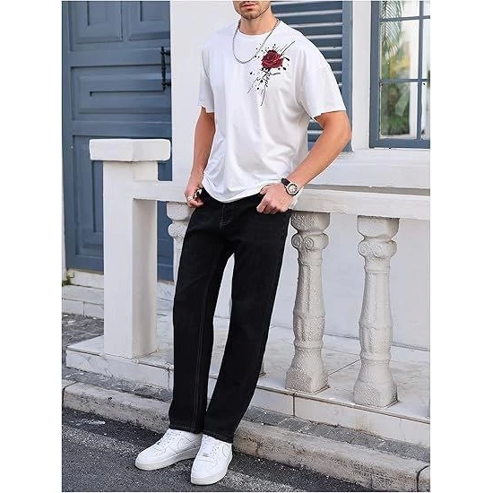 Erkek Bisiklet Yaka Kısa Kol Baskılı T-shirt - Beyaz