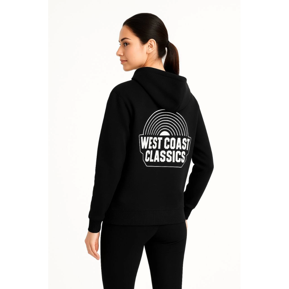 Üç İplik Kapüşonlu Ön Ve Arka Baskılı SweatShirt Hoodie - Siyah