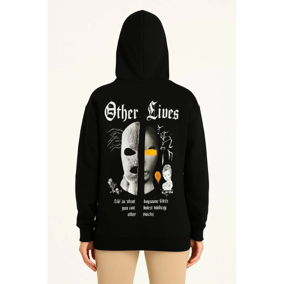 Üç İplik Kapşonlu ön Ve Arka Baskılı SweatShirt Hoodie- Siyah
