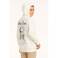 Üç İplik Kapşonlu ön Ve Arka Baskılı SweatShirt Hoodie- Beyaz