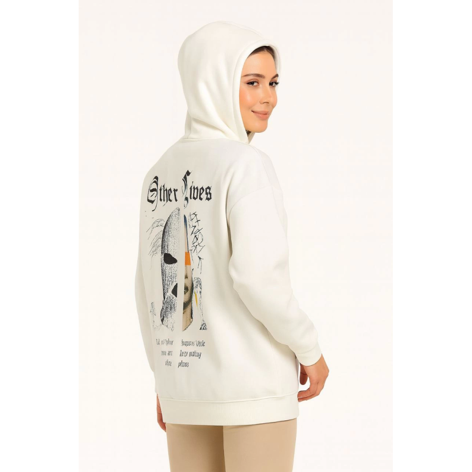 Üç İplik Kapşonlu ön Ve Arka Baskılı SweatShirt Hoodie- Beyaz