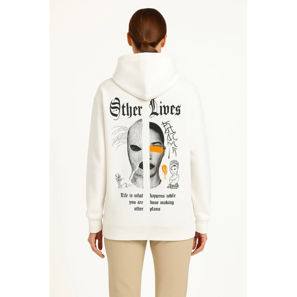 Üç İplik Kapşonlu ön Ve Arka Baskılı SweatShirt Hoodie- Beyaz