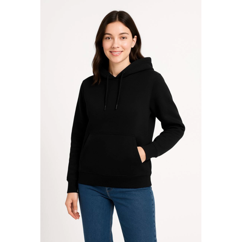 Üç İplik Kapüşonlu Kanguru Çepli SweatShirt Hoodie - Siyah