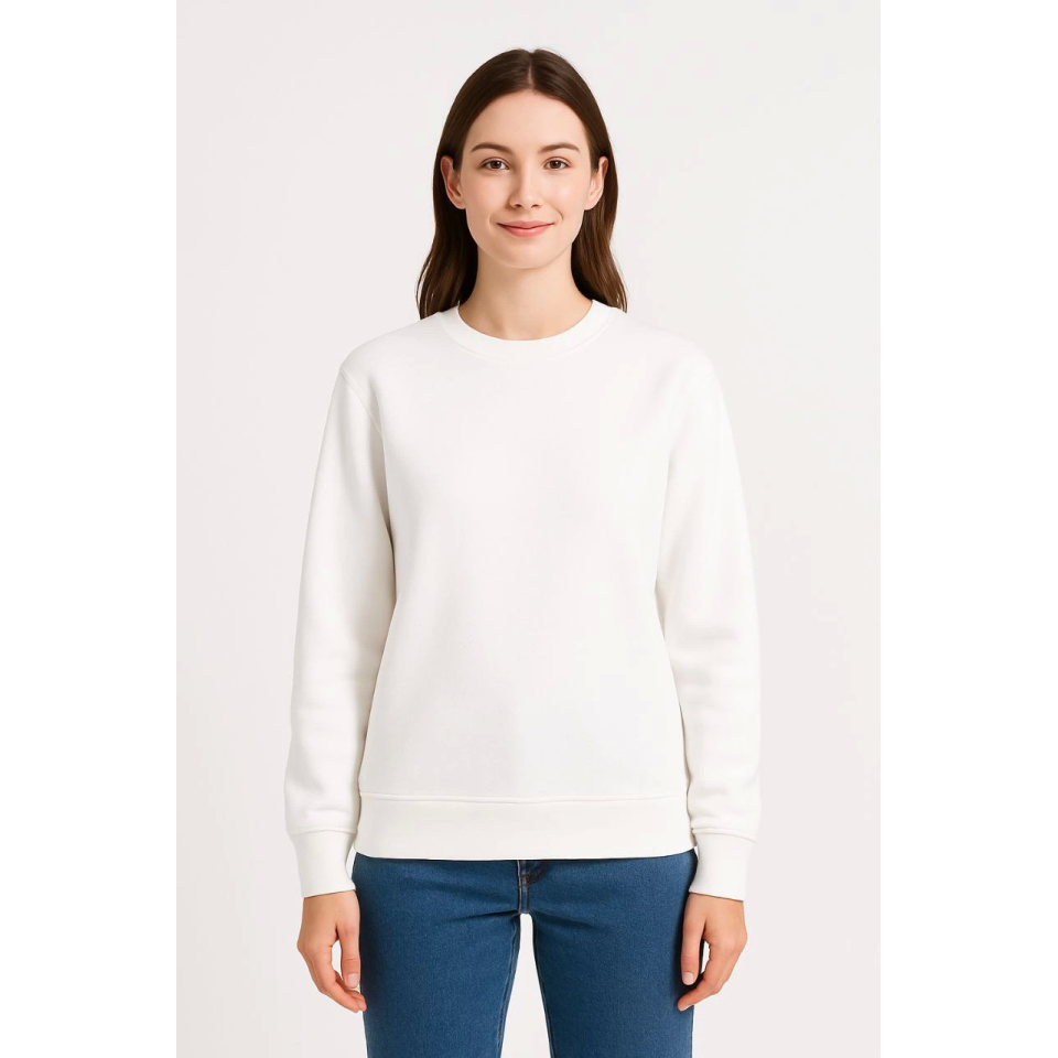 Üç İplik Düz Bisiklet Yaka SweatShirt - Beyaz