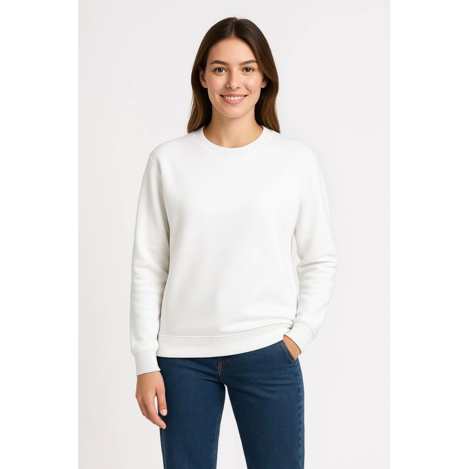 Üç İplik Düz Bisiklet Yaka SweatShirt - Beyaz