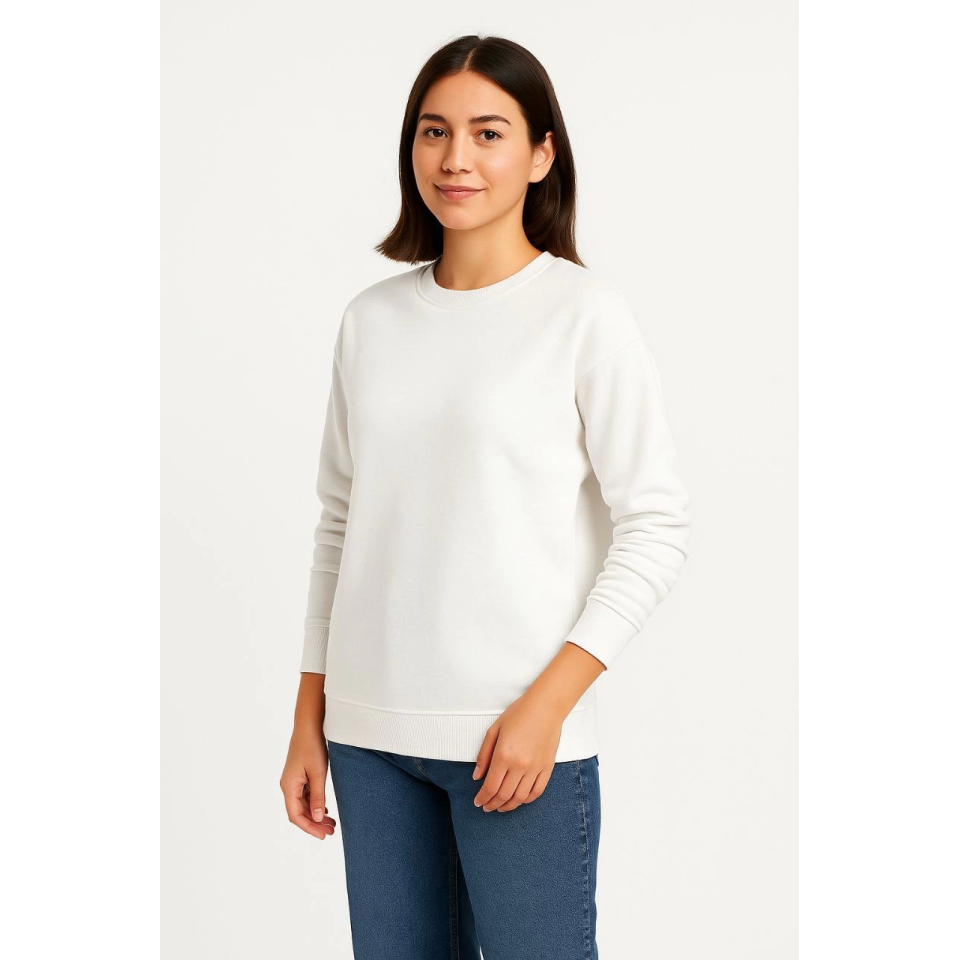 Üç İplik Düz Bisiklet Yaka SweatShirt - Beyaz