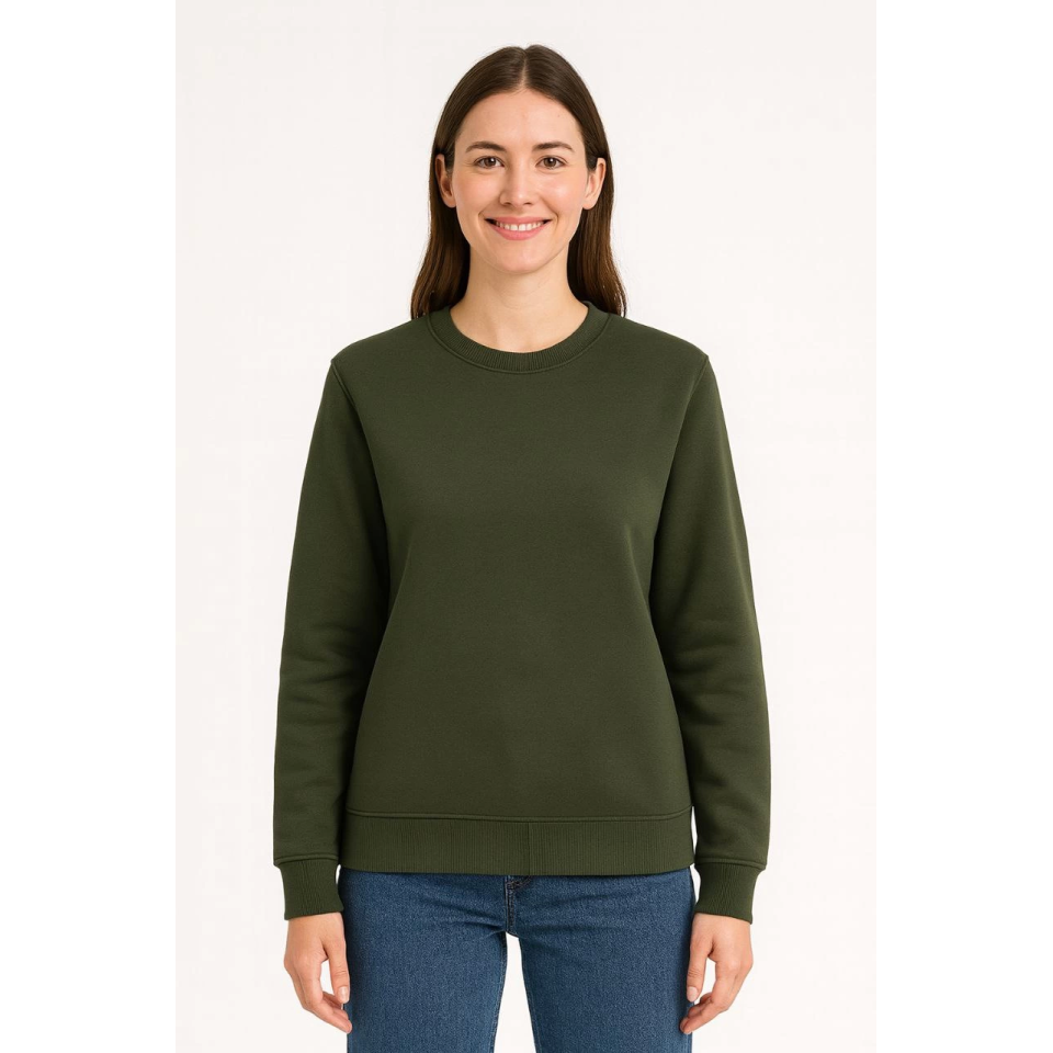 Üç İplik Düz Bisiklet Yaka SweatShirt - Haki