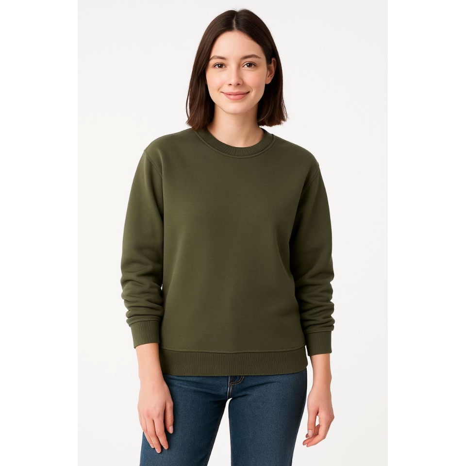 Üç İplik Düz Bisiklet Yaka SweatShirt - Haki
