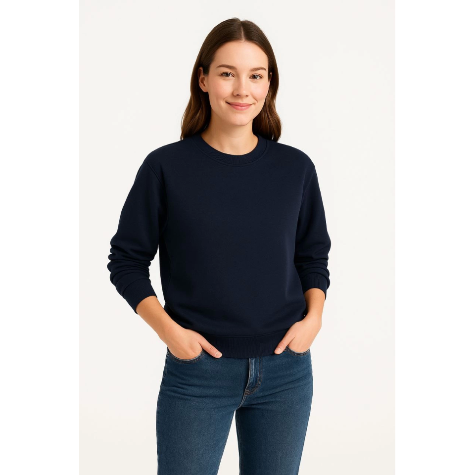 Üç İplik Düz Bisiklet Yaka SweatShirt - Lacivert