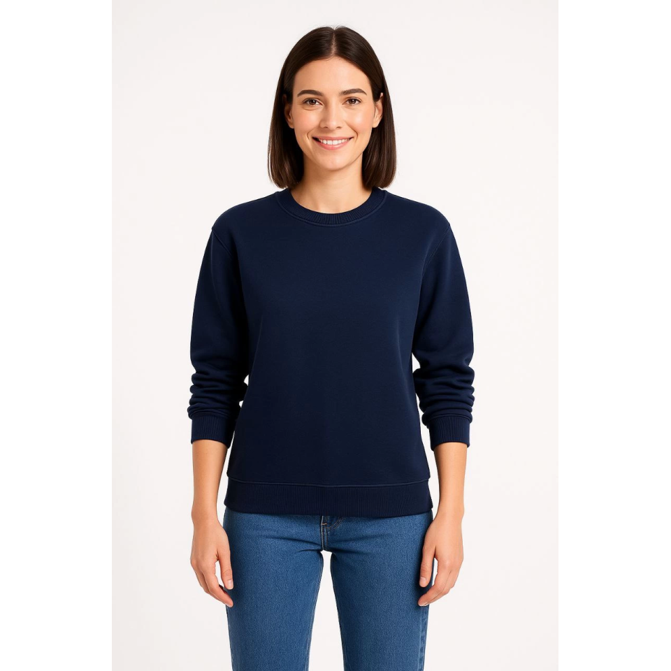 Üç İplik Düz Bisiklet Yaka SweatShirt - Lacivert