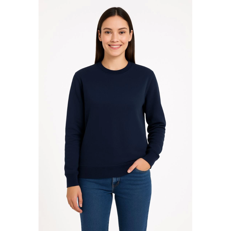 Üç İplik Düz Bisiklet Yaka SweatShirt - Lacivert