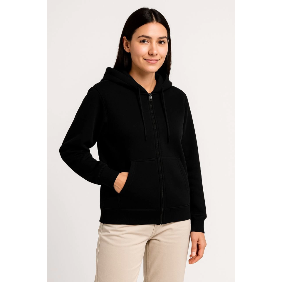 Üç İplik Kapüşonlu Tam Fermuarlı Kanguru Çepli SweatShirt Hoodie - Siyah