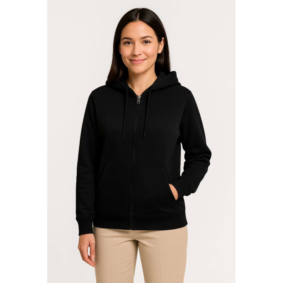 Üç İplik Kapüşonlu Tam Fermuarlı Kanguru Çepli SweatShirt Hoodie - Siyah