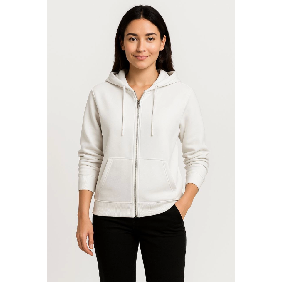 Üç İplik Kapüşonlu Tam Fermuarlı Kanguru Çepli SweatShirt Hoodie - Beyaz