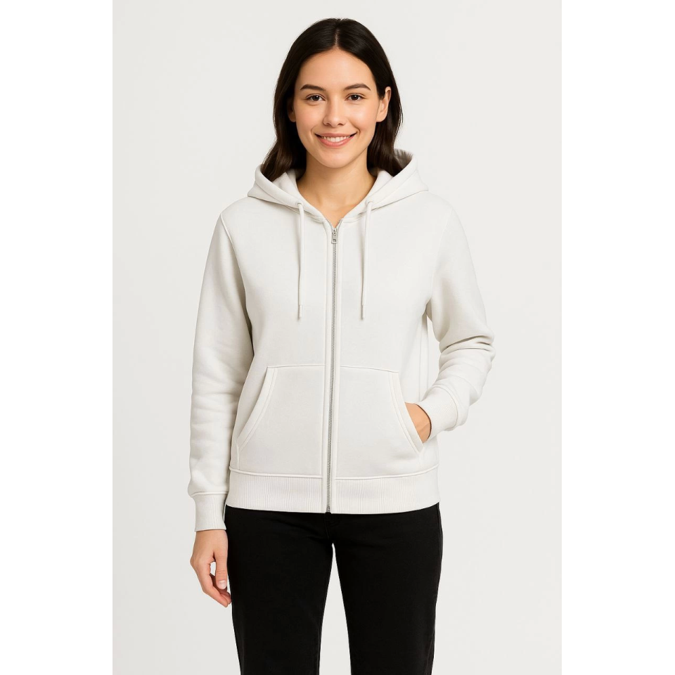 Üç İplik Kapüşonlu Tam Fermuarlı Kanguru Çepli SweatShirt Hoodie - Beyaz