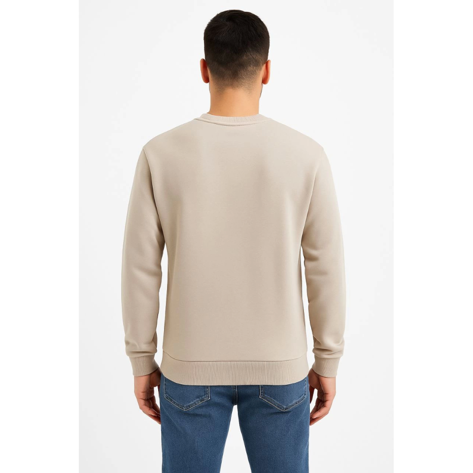Erkek Üç İplik Düz Bisiklet Yaka SweatShirt - Bej
