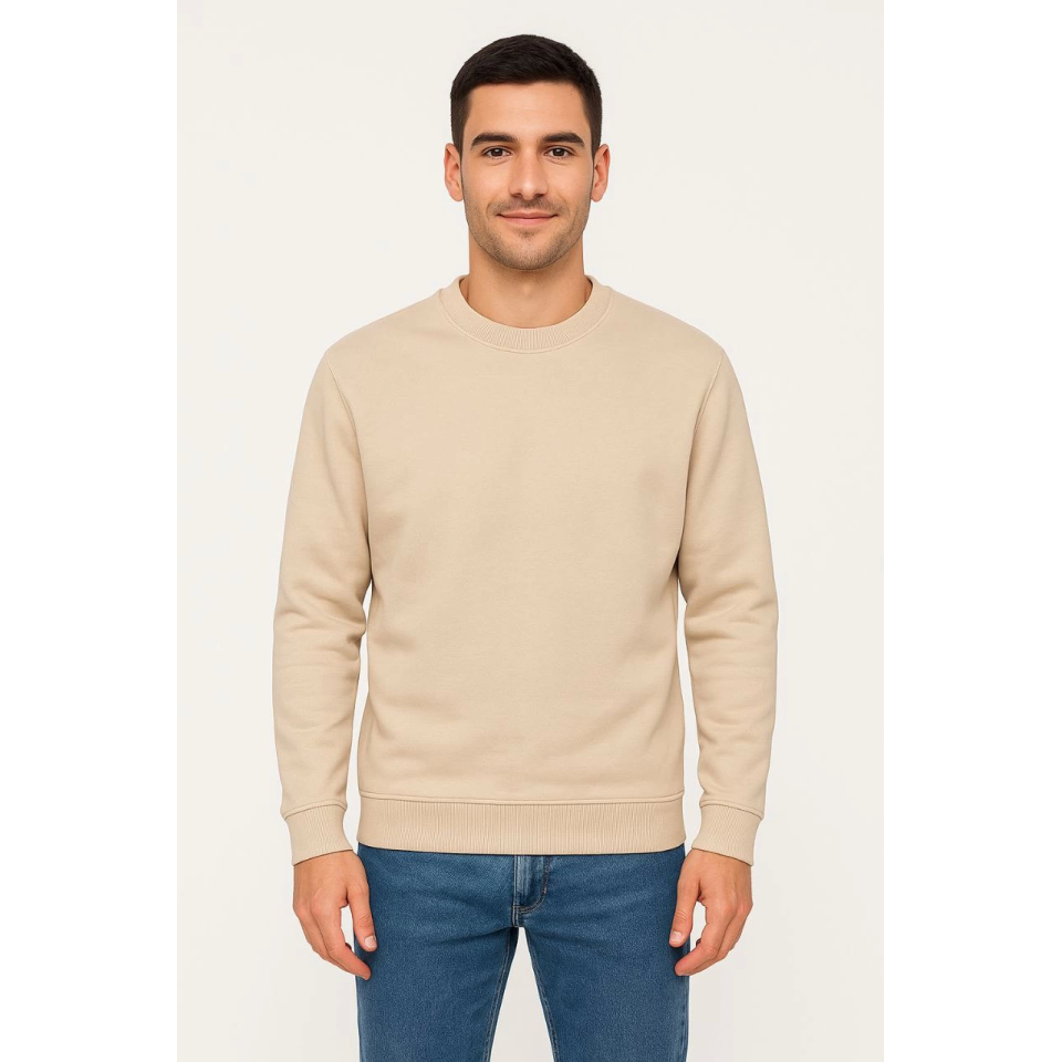 Erkek Üç İplik Düz Bisiklet Yaka SweatShirt - Bej