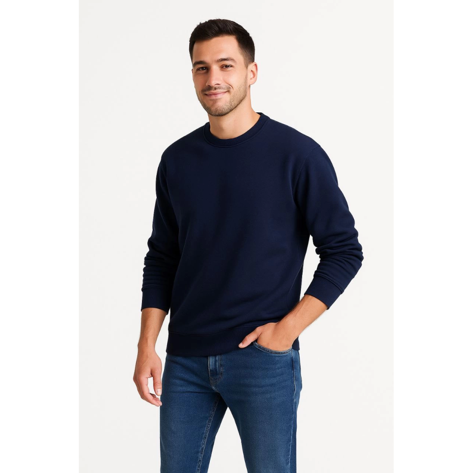 Erkek Üç İplik Düz Bisiklet Yaka SweatShirt - Lacivert