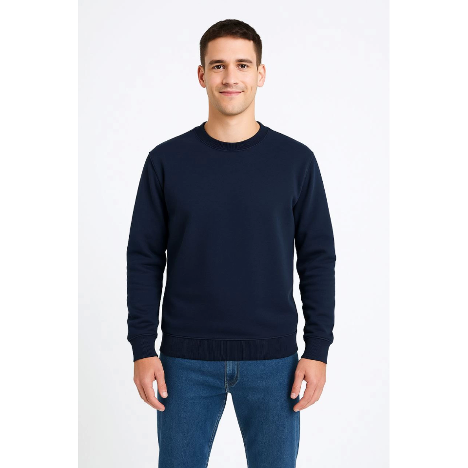 Erkek Üç İplik Düz Bisiklet Yaka SweatShirt - Lacivert