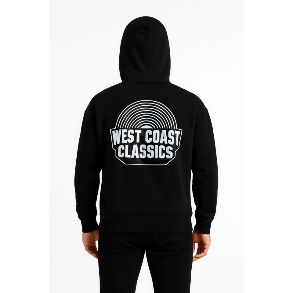 Erkek Üç İplik Kapüşonlu Ön Ve Arka Baskılı SweatShirt Hoodie - Siyah
