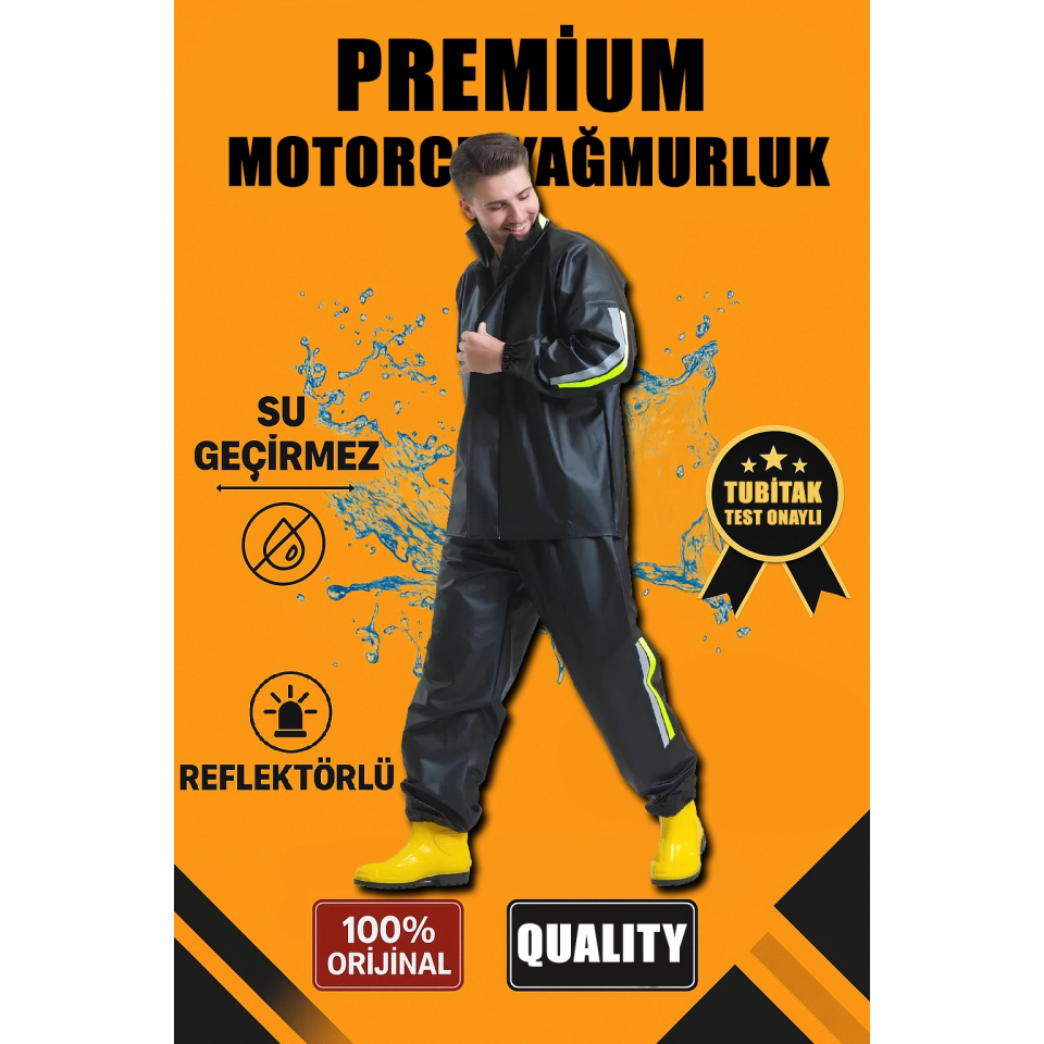 Premium Motorcu Kurye Yağmurluk Takım Su Geçirmez PVC Kumaş Reflektörlü TÜBİTAK Onaylı - Siyah