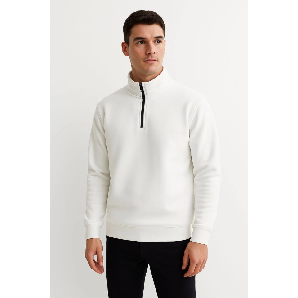 Erkek Dik Yaka Sweatshirt Dik Yaka Yarım Fermuarlı 3 İplik Şardonlu Pamuk Kumaş - Beyaz