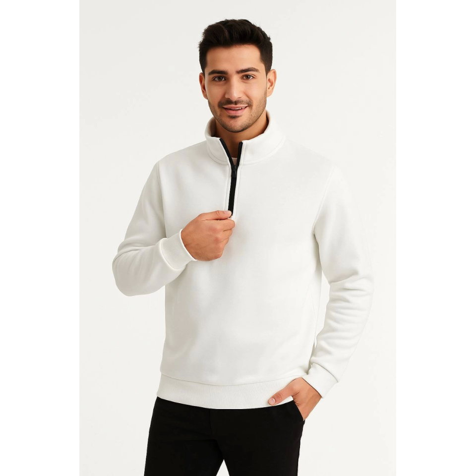 Erkek Dik Yaka Sweatshirt Dik Yaka Yarım Fermuarlı 3 İplik Şardonlu Pamuk Kumaş - Beyaz
