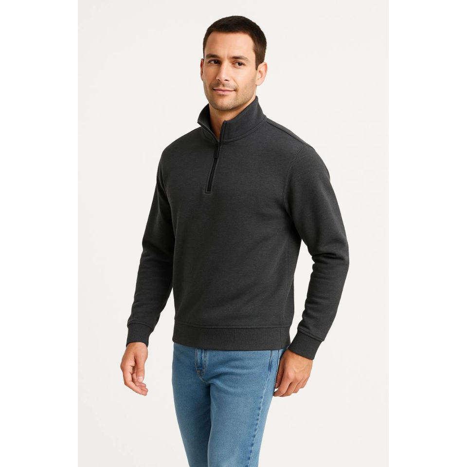 Erkek Dik Yaka Sweatshirt Dik Yaka Yarım Fermuarlı 3 İplik Şardonlu Pamuk Kumaş - Antrasit