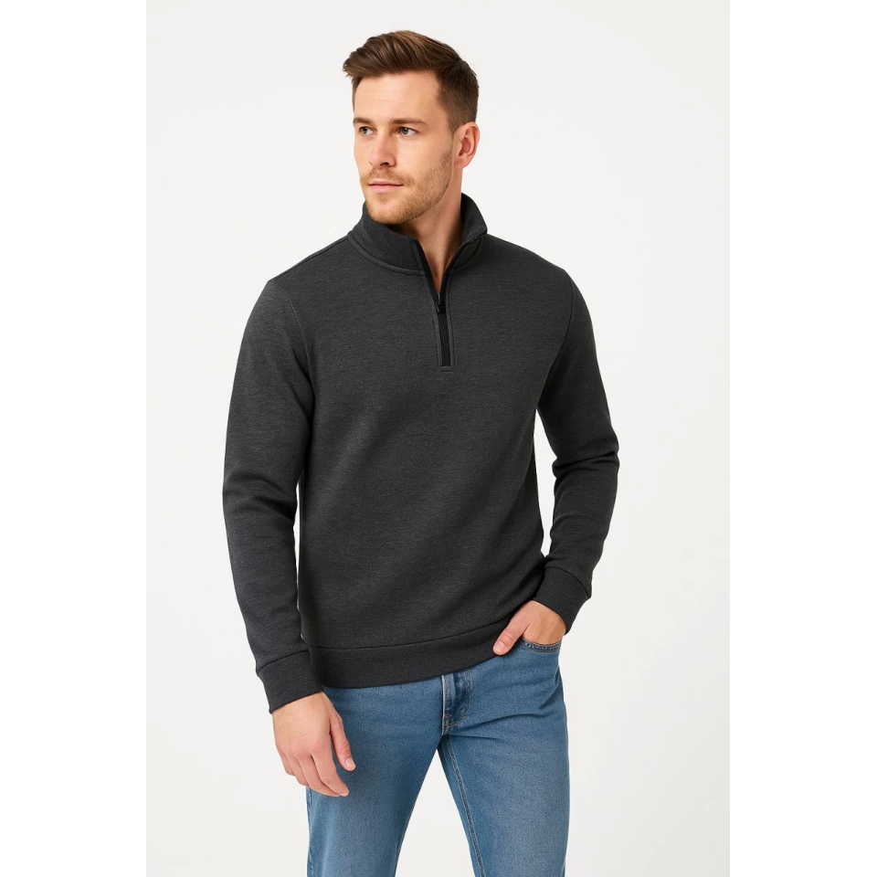 Erkek Dik Yaka Sweatshirt Dik Yaka Yarım Fermuarlı 3 İplik Şardonlu Pamuk Kumaş - Antrasit