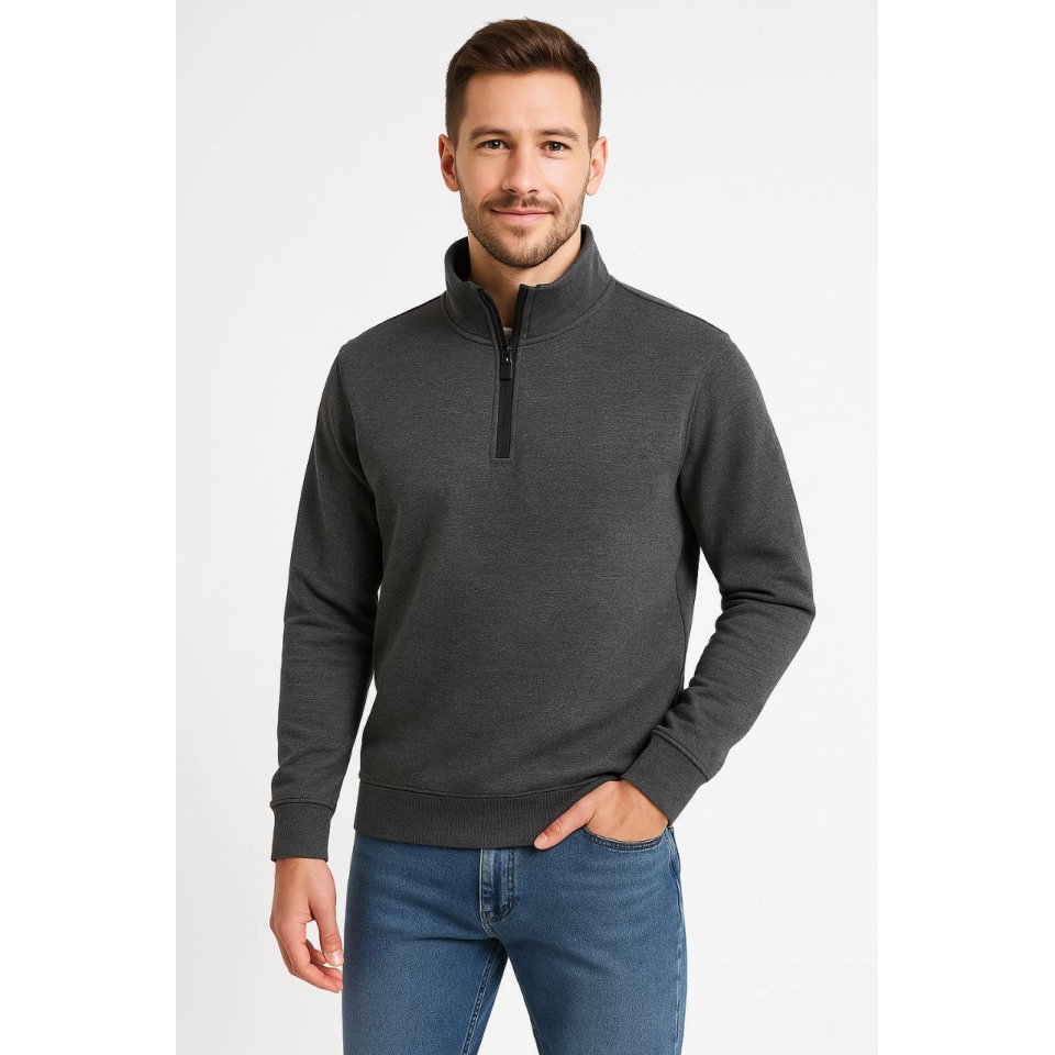 Erkek Dik Yaka Sweatshirt Dik Yaka Yarım Fermuarlı 3 İplik Şardonlu Pamuk Kumaş - Antrasit