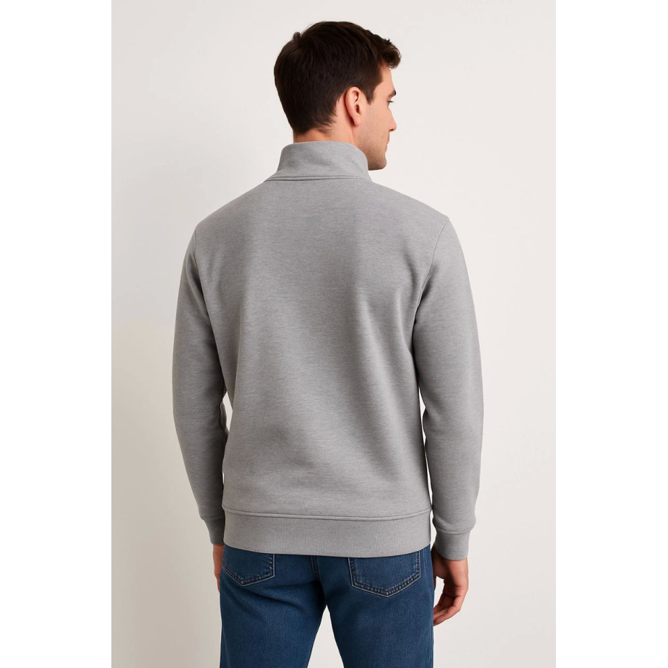 Erkek Dik Yaka Sweatshirt Dik Yaka Yarım Fermuarlı 3 İplik Şardonlu Pamuk Kumaş - Gri