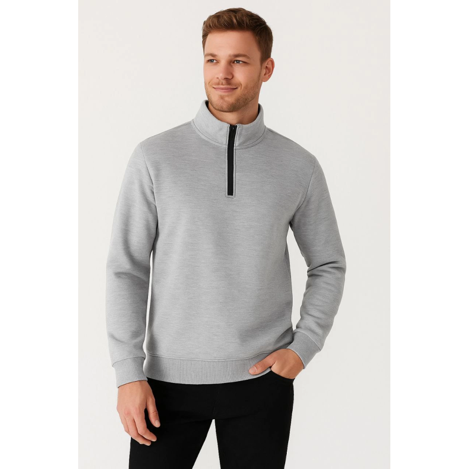 Erkek Dik Yaka Sweatshirt Dik Yaka Yarım Fermuarlı 3 İplik Şardonlu Pamuk Kumaş - Gri