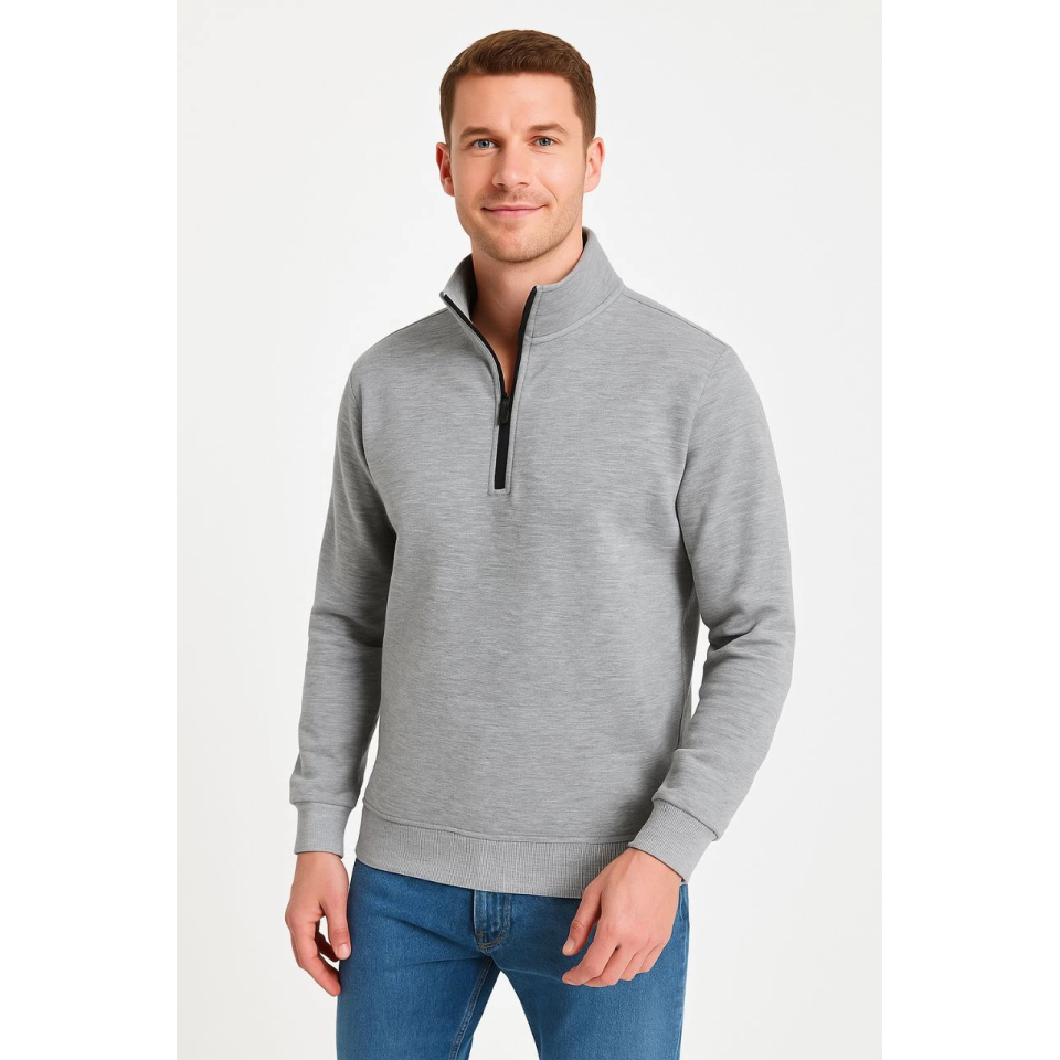 Erkek Dik Yaka Sweatshirt Dik Yaka Yarım Fermuarlı 3 İplik Şardonlu Pamuk Kumaş - Gri