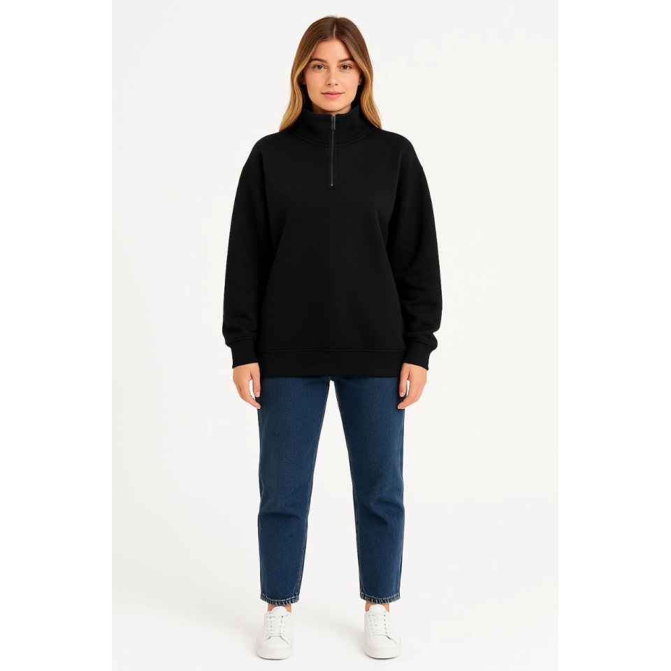 Üç İplik Dık Yaka Yarım Fermuarlı SweatShirt - Siyah