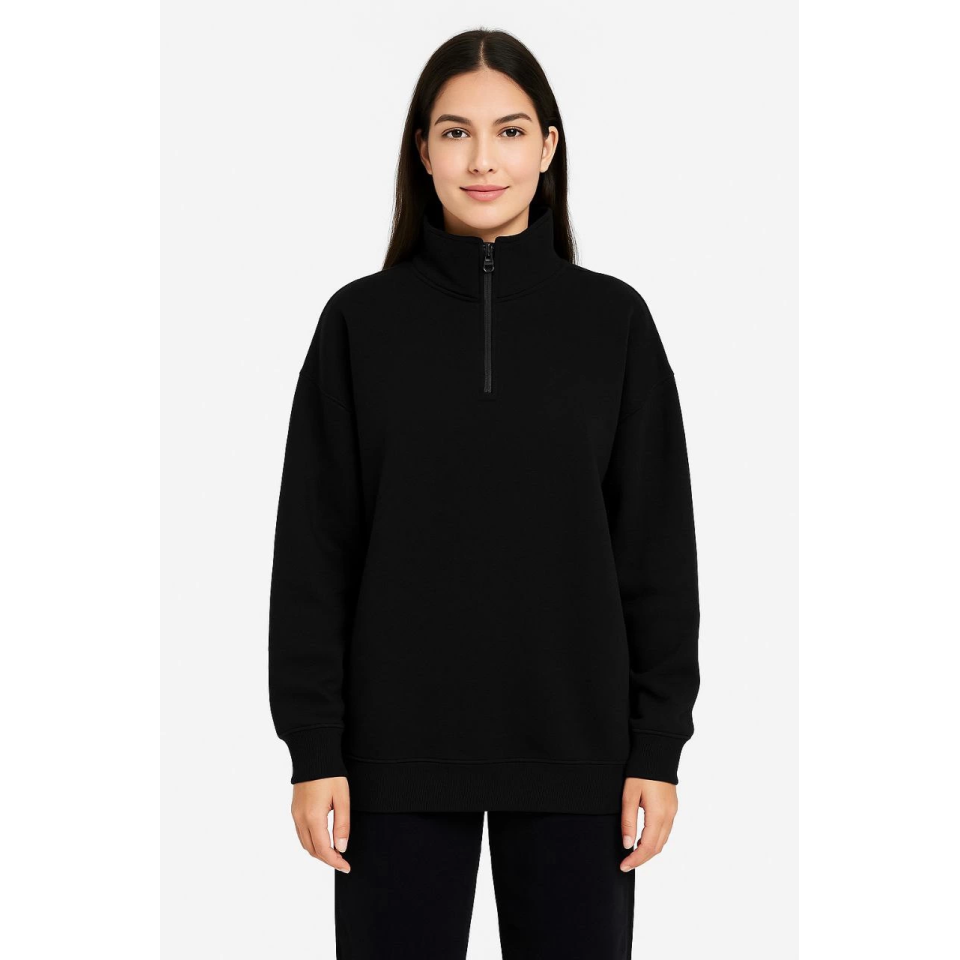 Üç İplik Dık Yaka Yarım Fermuarlı SweatShirt - Siyah